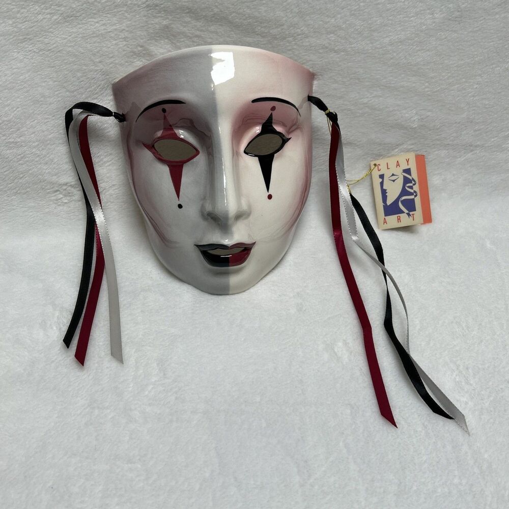 Clay Art Glazed Harlequin Masquerade Face Mask Hanging Ribbons Hand Painted 90’s